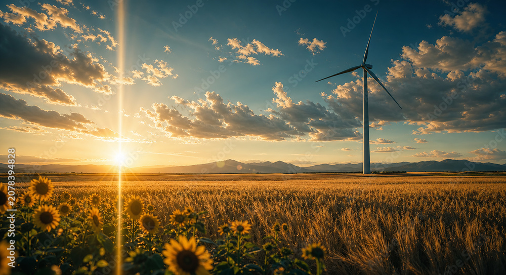 Obraz premium Wind Turbine Standing Tall in Golden Wheat Fields at Sunset — Renewable Energy, Wildflowers, Dramatic Sky and Mountain Horizon,夕日に輝く黄金の麦畑にそびえ立つ風力タービン — 再生可能エネルギー、野生の花、劇的な空と山の地平線