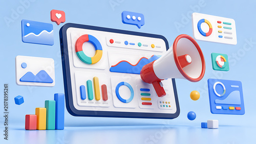 Business growth analysis with megaphone and data charts marketing business megaphone analytics strategy communication advertising statistics corporate performance planning