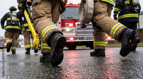 Back view of firefighters walking toward a fire engine carrying firefighting equipment with emergency lights reflecting on a wet street, low-angle close-up of firefighters' boots