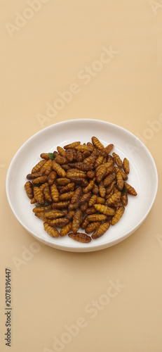 High angle view of fried silkworm pupae served on a white ceramic plate.