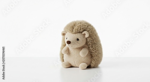 真っ白な背景でちょこんと座るふわふわのぬいぐるみハリネズミ 丸い瞳と小さな鼻が愛らしい表情 柔らかな光が温かい質感を引き出す魅力的なポートレート. AI Generated