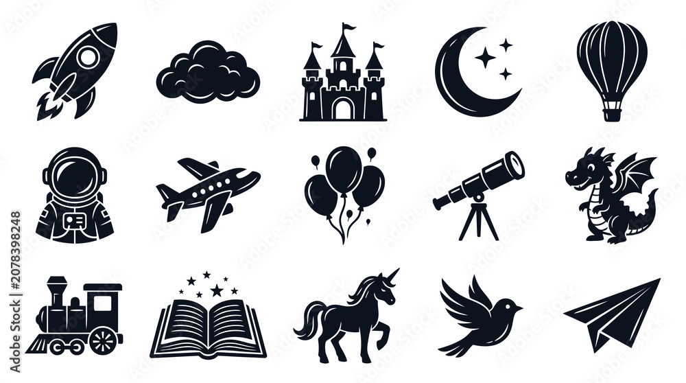 Obraz premium Black White Icons: Rocket, Cloud, Castle, Moon, Hot Air Balloon, Astronaut, Plane, Balloons, Telescope, Dragon, Train, Book, Unicorn, Bird, Paper Plane