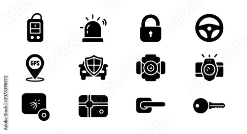 Fotografie Car Security Icons, Vehicle Protection Symbols, Auto Safety Vector Set, Alarm an