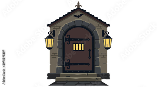 Medieval stone doorway with iron hinges and glowing lanterns