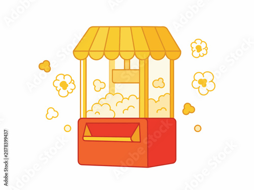 A vibrant illustration of a popcorn stand with fluffy popcorn clouds, evoking nostalgia and joy related to fun events like fairs, cinemas, and gatherings.
