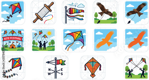 Obraz na plátně Kite flying festival vector icons set with colorful kites windsock string spool