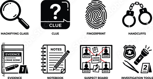 Foto Detective and crime scene investigation icons set vector with magnifying glass f