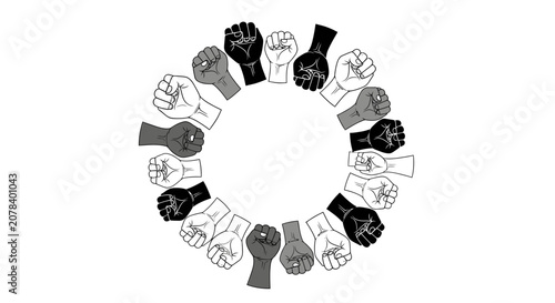 Circle of Raised Fists Representing Diversity and Unity