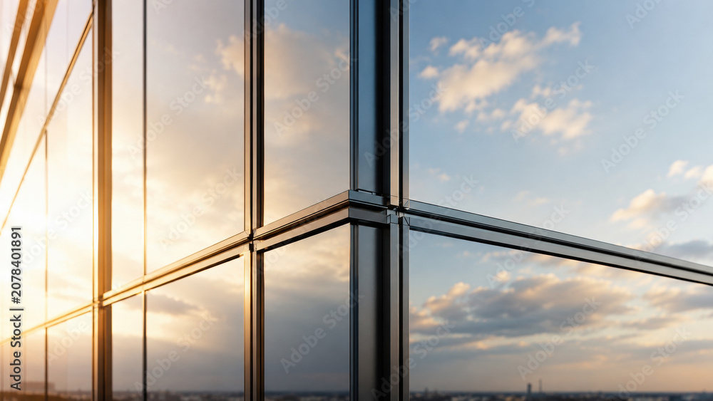 Fototapeta premium Glass office building facade at sunset