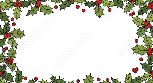 Hand Drawn Decorative Holly Berry Christmas Wreath Border Illustration Featuring Festive Green Foliage And Red Berries For Holiday Designs