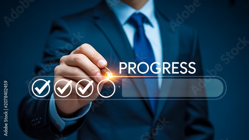 Businessman updating progress bar representing project completion and business growth