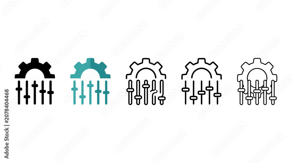 Fototapeta premium Set of five vector icons featuring gears and sliders for user interface design and digital applications in various styles