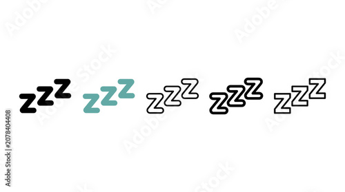 Stylized collection of five unique zzz symbols representing sleep and relaxation in various designs