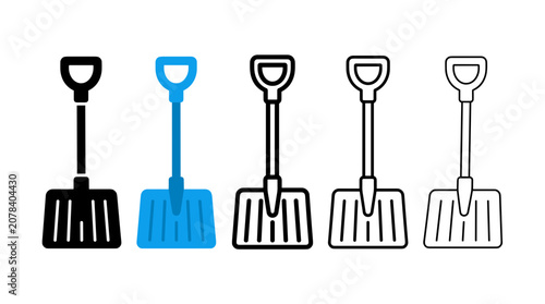 Versatile set of five snow shovel icons in various styles for winter season graphics