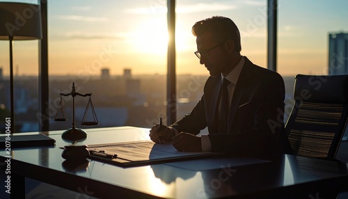 Silhouette of a lawyer finalizing a contract agreement in a modern office