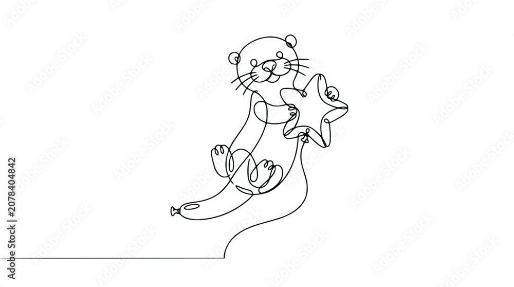 Obraz premium Cute Otter Holding Star Balloon - Single Line Art