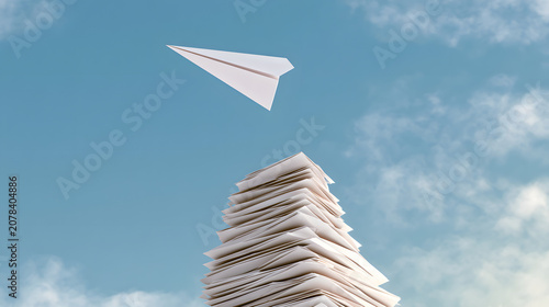 Paper airplane flying over book stack.