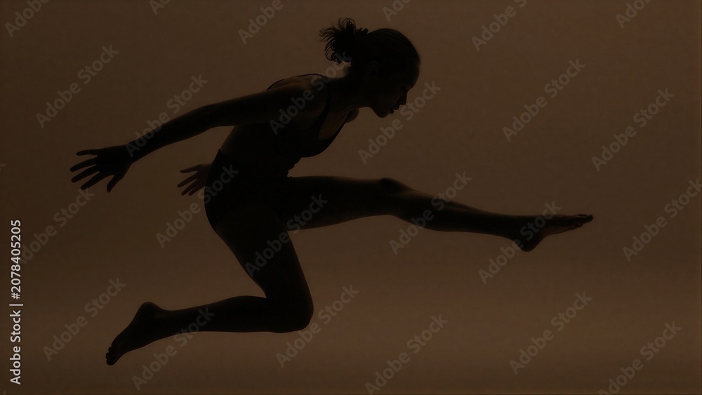 Obraz premium Silhouette of dancer mid-leap against warm, hazy background.