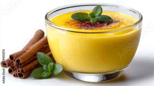 Delightful yellow custard dessert, elegantly garnished with fresh mint, rests clear glass bowl. Aromatic cinnamon sticks are placed nearby, evoking warm and sweet flavor. Its creamy texture