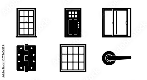 Architectural Elements Icons: Doors, Windows, Hinges, Handles, Building Components
