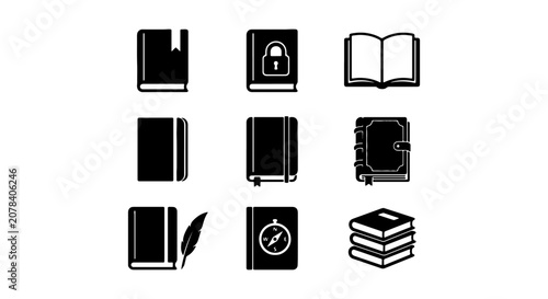 Vector Icons: Books, Journals, Notebooks, Lock, Feather, Compass, Stacked Books