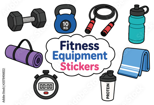 Fitness Equipment Sticker Collection for Gym and Workout Designs Editable Vector