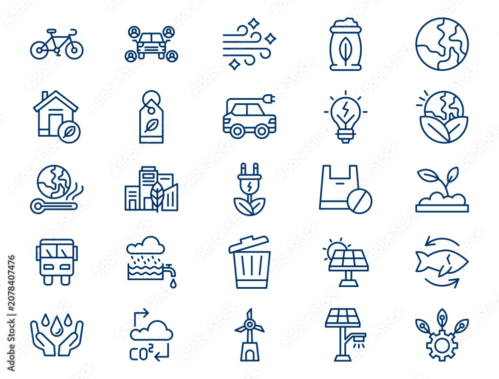 Fototapeta premium Ecological sustainable living outline icon set presents detailed green environmental elements. Conservation concept