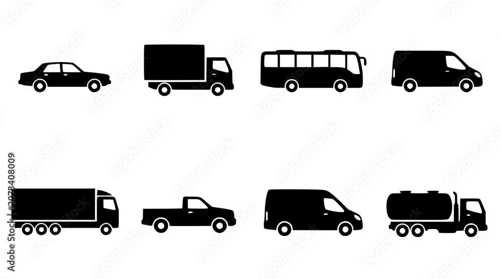Fototapeta premium Black silhouettes of various vehicles on a white background illustration