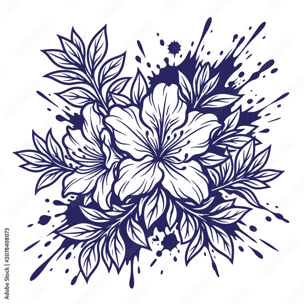 Fototapeta premium A dark blue ink of a cluster of blooming flowers with leaves and artistic paint splatters on at-shirt poster white background, isolated for print or digital projects