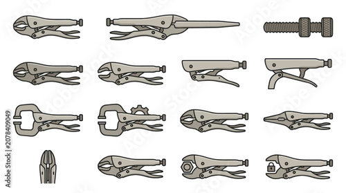 Photos Various types of metal locking pliers.