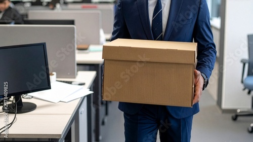 A man in a suit carries a cardboard box out of an office. The office environment appears modern with cubicles and computers