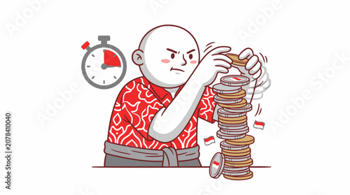 Obraz na plátne Cartoon man stacking coins quickly with a stopwatch representing financial urgency and time management