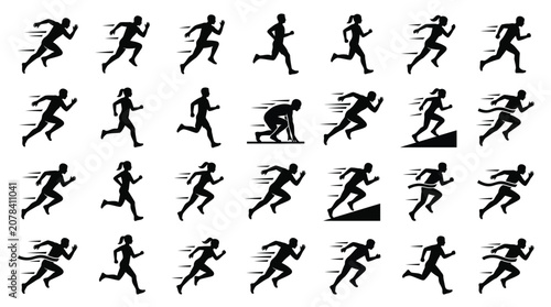 Tableau sur toile Minimalist vector running icons set featuring sprint motion, athlete silhouettes