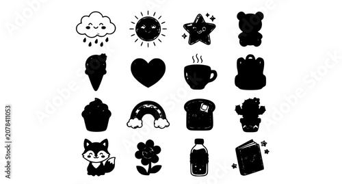 Cute kawaii doodle illustration set of smiling everyday objects and playful cartoon icons vector collection