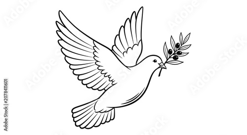 Flying Dove with Olive Branch Line Art Illustration