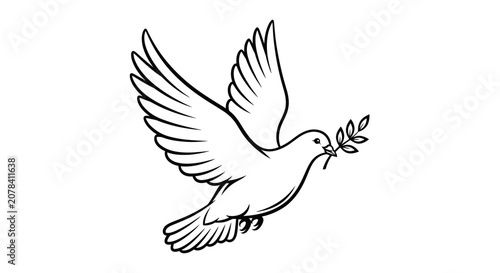 Flying White Dove with Olive Branch Line Art Illustration