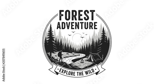 Forest Adventure Emblem Badge with Hiker and Camping Scene