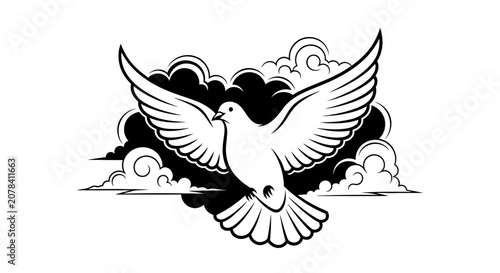Flying White Dove Vector Illustration with Stylized Clouds