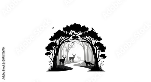 Forest Silhouette with Wild Animals and Path