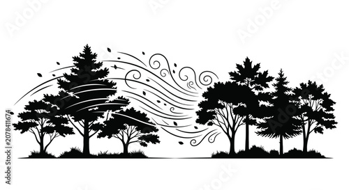 Forest Landscape Silhouette with Windy Weather and Flying Leaves