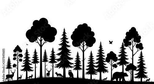 Forest Silhouette with Woodland Animals and Trees
