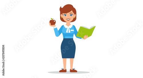 Friendly Female Teacher Holding an Apple and Book