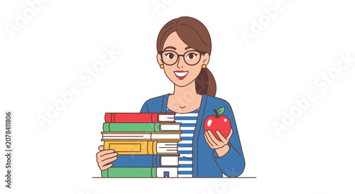 Friendly Female Teacher Holding Books and Red Apple