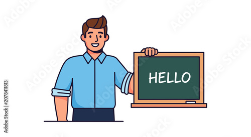 Friendly Teacher Holding Chalkboard with Hello Greeting
