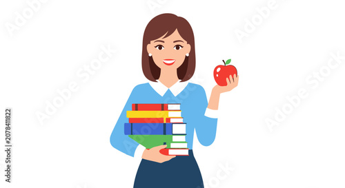 Friendly Teacher Holding Books and Apple