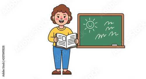 Friendly Teacher Holding Open Book Next to Classroom Chalkboard