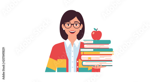 Friendly Teacher Holding Stack of Books with Apple