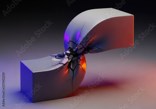 Abstract render of a simple, smooth gray block being forcefully bent and twisted, illustrating physical stress and material failure concepts, block, distortion, pressure