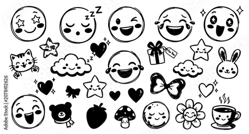 Hand drawn kawaii doodle vector set of cute food characters and smiling snack icons illustration collection
