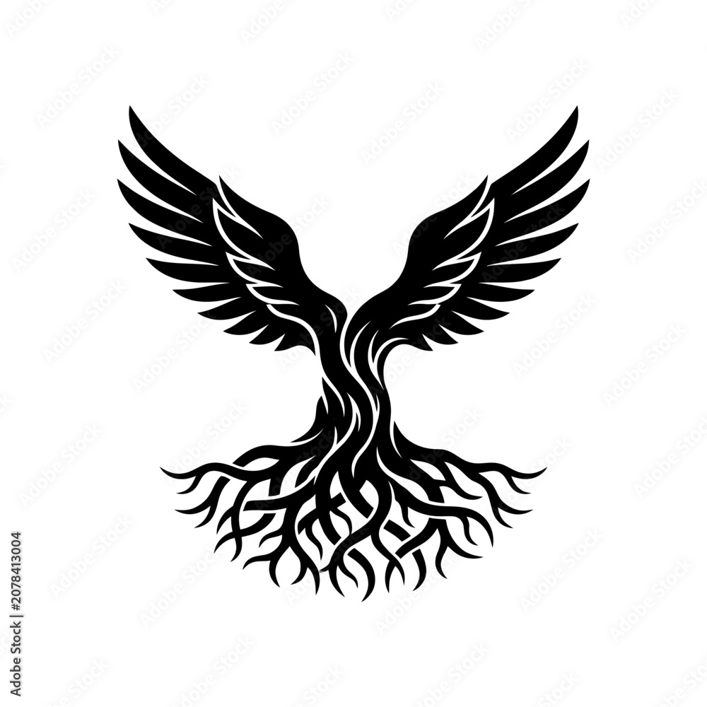Obraz premium Stylized Tree of Life with Eagle Wings and Roots.